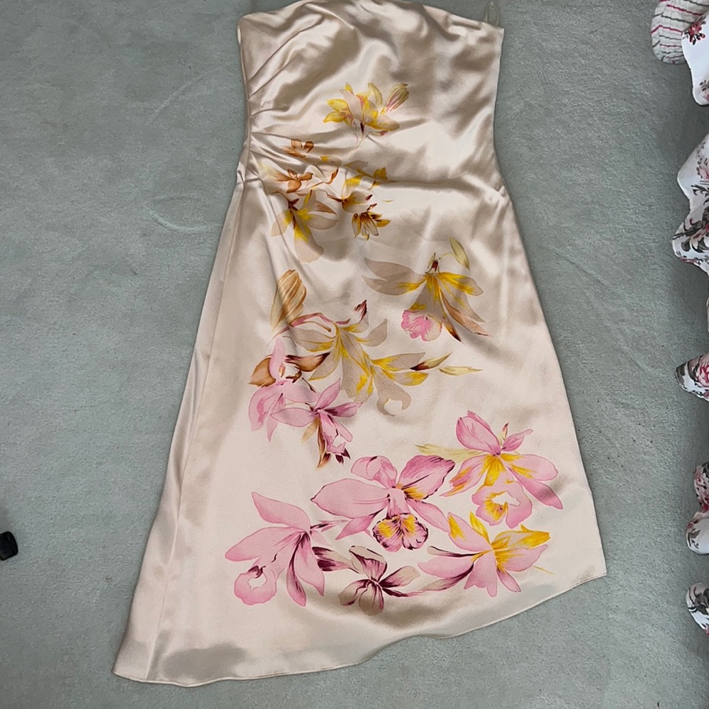 Banana Republic Strapless Satin Floral Midi Dress in Blush, Pink & Yellow